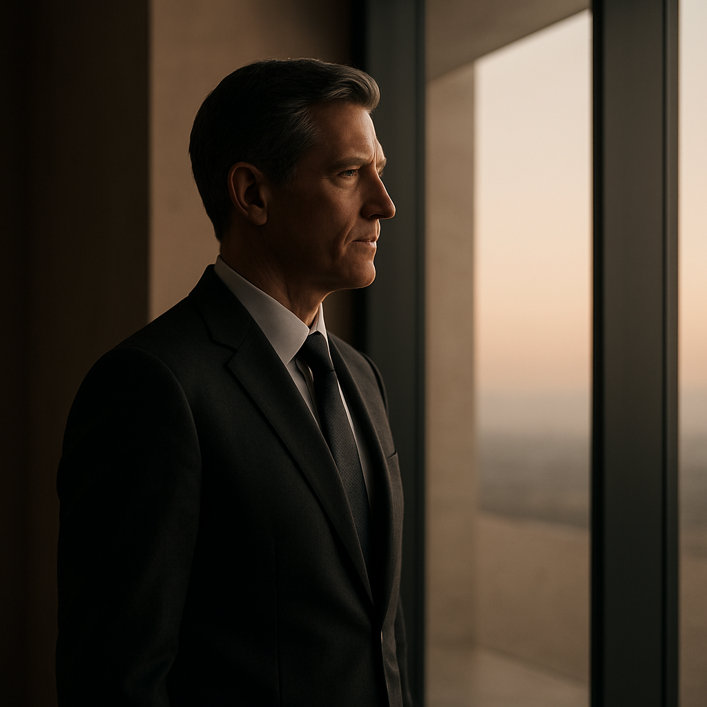 An executive standing in profile by a large window at dawn